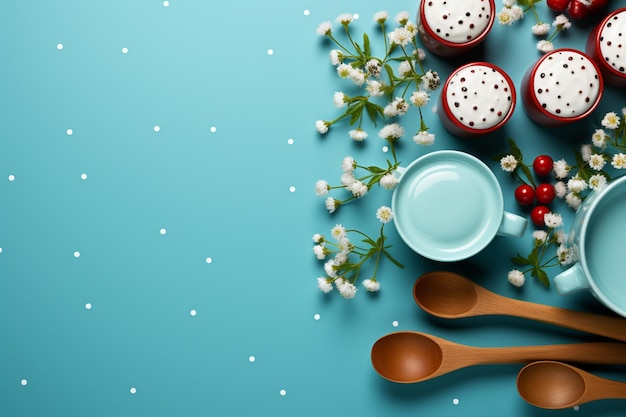 Top view mockup kitchen baking utensils recipe blue background