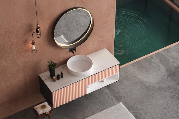 Top view modern bathroom interior, beige wall, modern  cabinet, interior plant, white sink and pool.