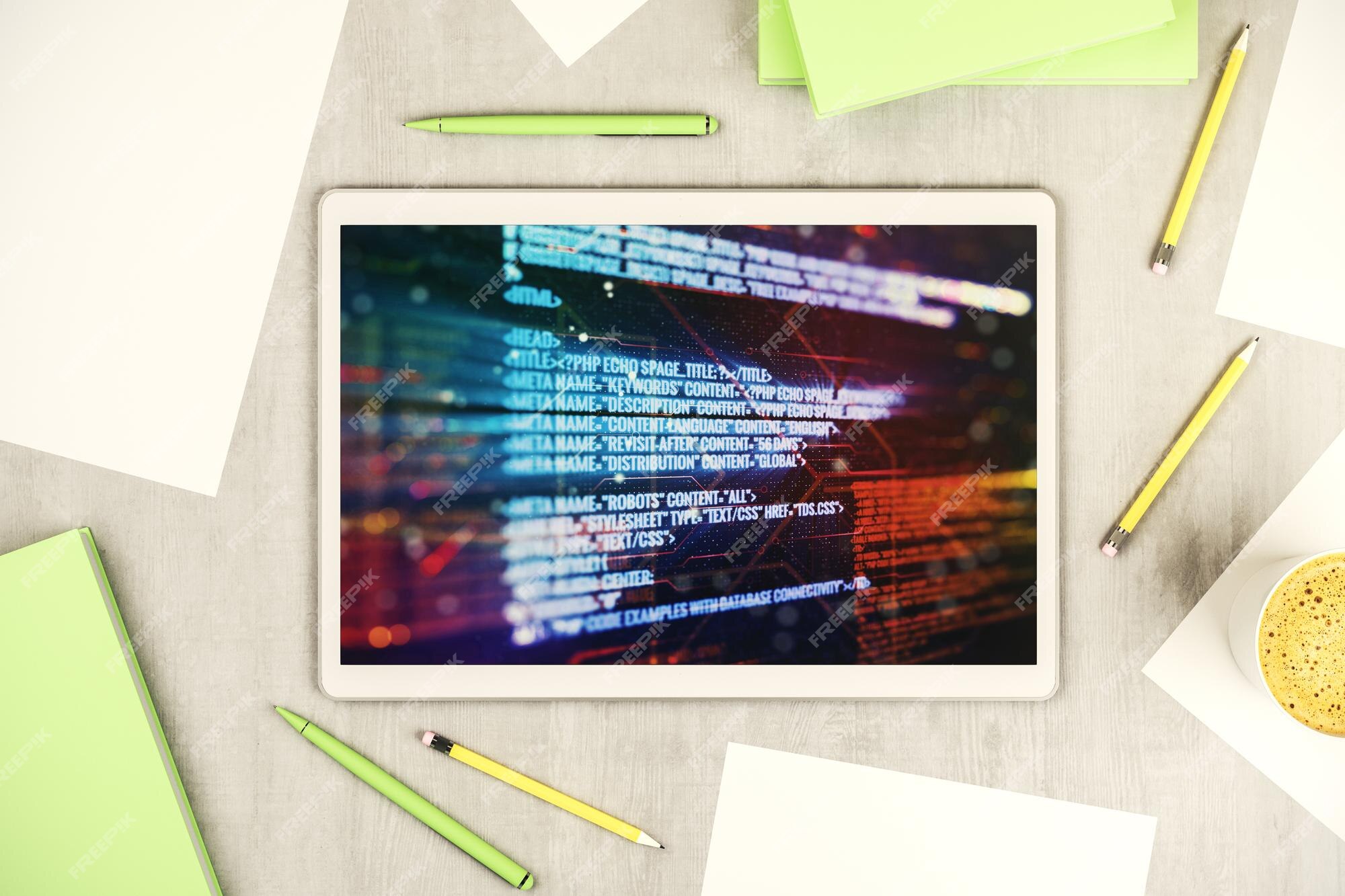 Premium Photo | Top view of modern digital tablet monitor with abstract ...