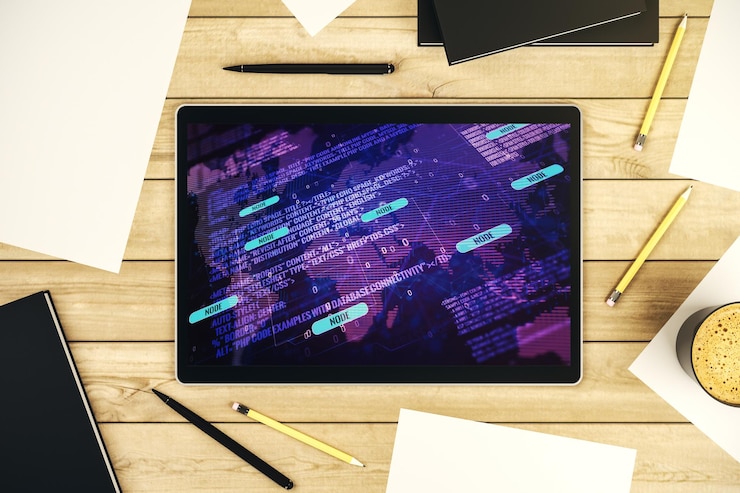 Photo top view of modern digital tablet screen with abstract creative programming illustration and world map big data and blockchain concept 3d rendering