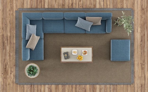 Top view of a modern living room with white sofa and coffee table on carpet - 3d rendering