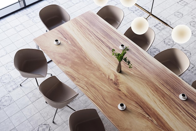 Top view of modern luxury meeting room interior with wooden office desk and chairs and concrete tiles floor 3D Rendering