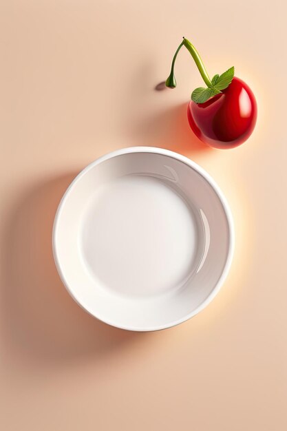 Top view of modern minimal beautiful round white ceramic bowl full with red cherry on cream tablec