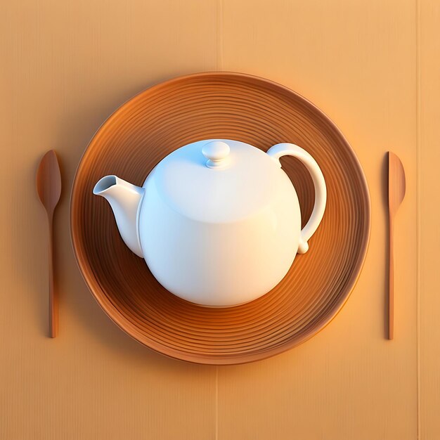 Top view of modern minimal beautiful white ceramic teapot teacup with saucer on brown straw mat w