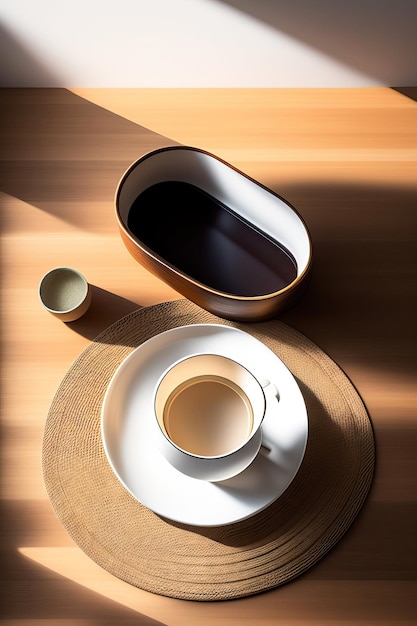 Вид сверху на современный минимальный красивый белый керамический чайник с блюдцем на коричневом соломенном коврике
