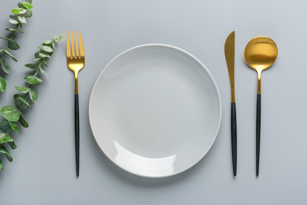 Top view of modern plate and tableware