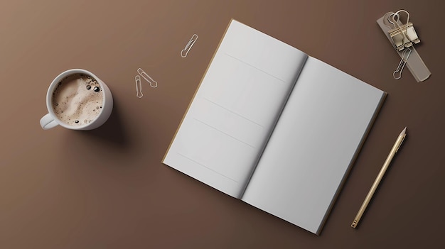 Top view of modern workspace with coffee cup blank notebook and stationery Mock up