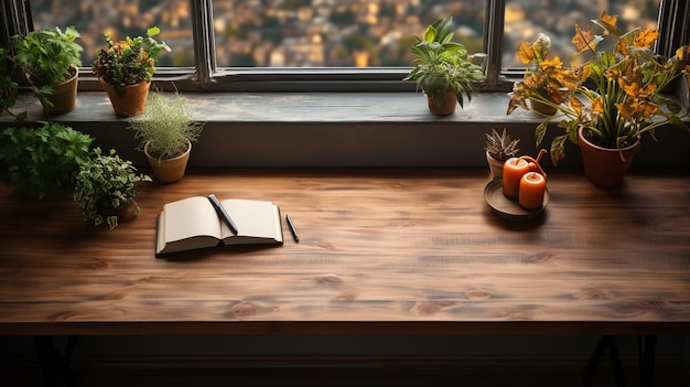 top view of modern workspace with computer tablet plant on wooden table and city skyline