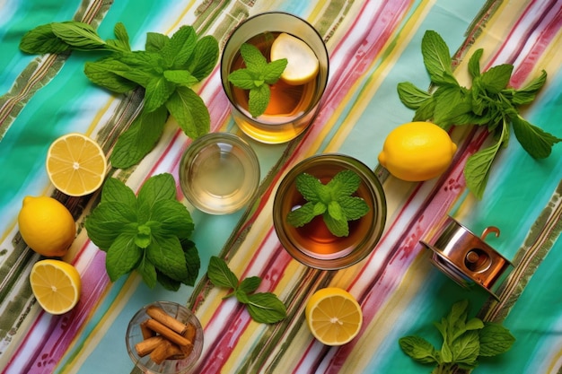 Top view of mojito ingredients on a colorful tablecloth created with generative ai
