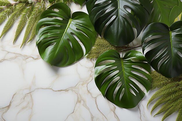 Top view of monstera leaves placed on a white marble