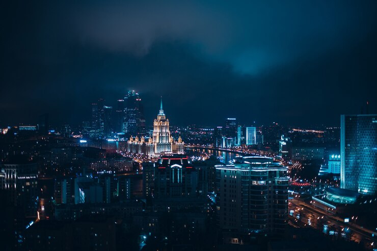 New Arbat, Russia에서 모스크바 시와 호텔 우크라이나의 최고 전망.