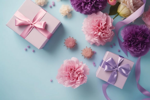 top view mother's day decorations presents hearts and flowers ai generated