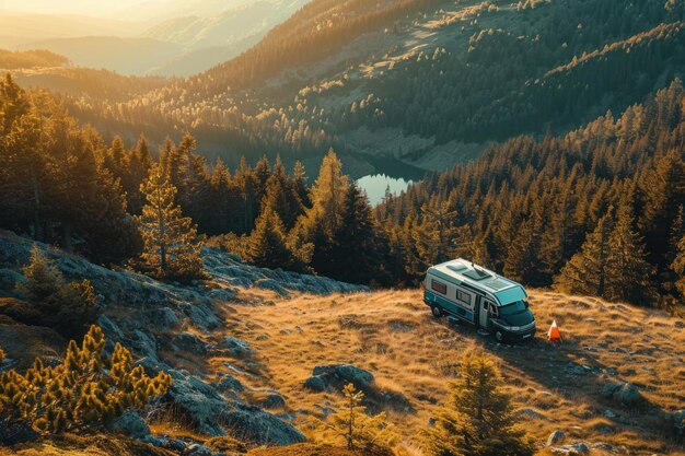 Photo top view of mountain with camping car nice landscape