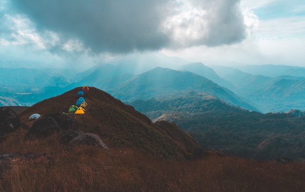 Top View Mulayit Taung golden light of the morning sun and the mist covered on Mount Mulayit,Myanmar