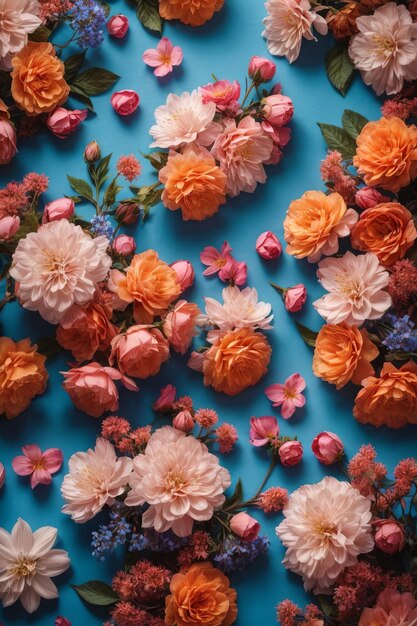 Top view of multicolored flowers on a dark blue background