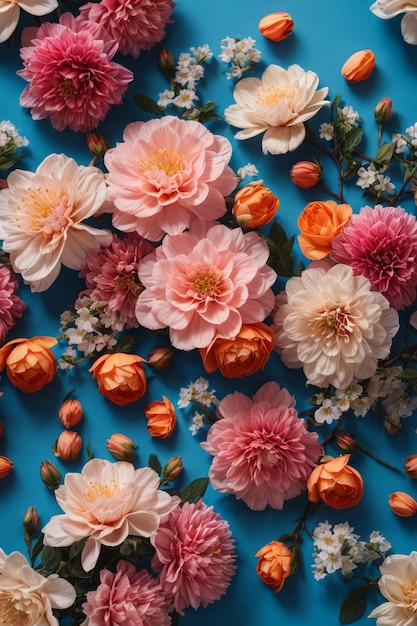 Top view of multicolored flowers on a dark blue background