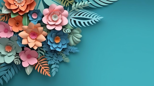 Top view of multicolored paper cut flowers with green background Generative AI