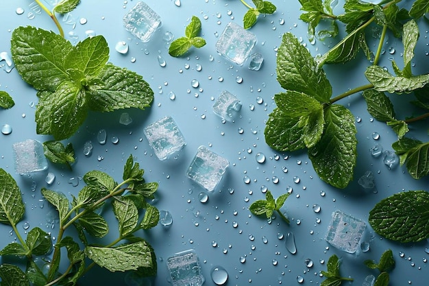 Top view muntbladeren ijsblokjes en waterdruppels op een geïsoleerde pastelblauwe achtergrond