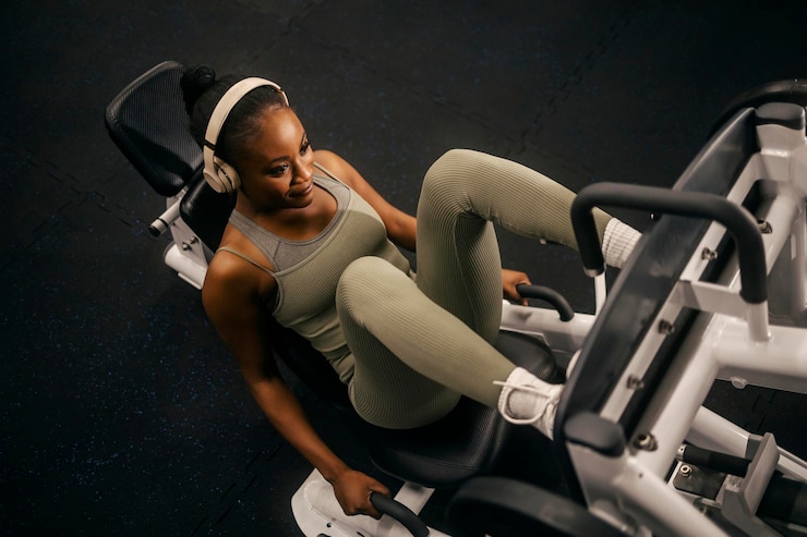 Photo top view of a muscular fit black sportswoman practicing legs on a leg press machine