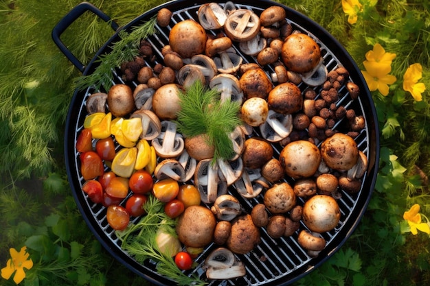 Top view of mushrooms grilling on a sunny day created with generative ai