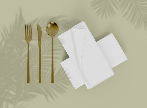 Photo top view napkin with golden cutlery