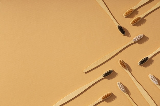 top view natural bambu brushes with copy space