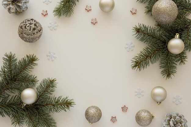 top view natural pine needles and christmas globes High quality and resolution beautiful photo concept