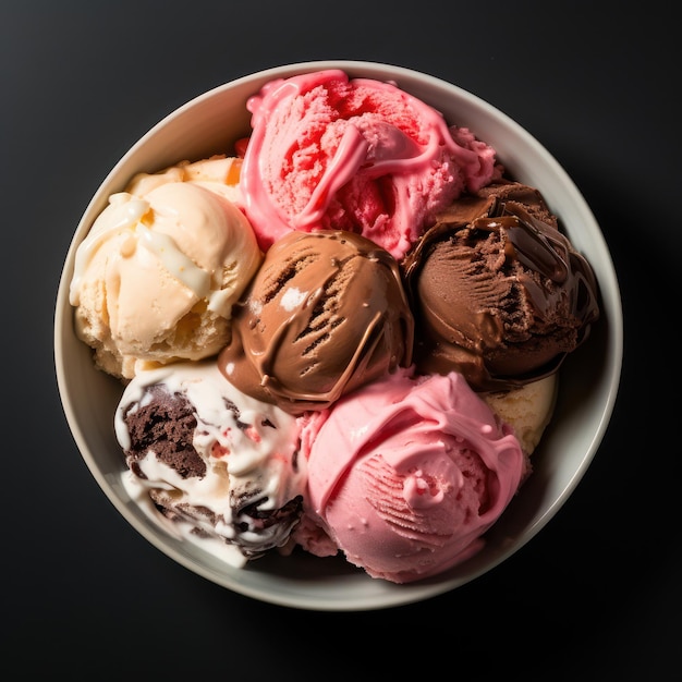 Top View of Neapolitan Ice Cream in Stylish Bowl Symphony of Colors and Textures