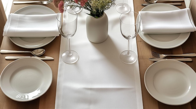 Top view of a neatly set dining table with white dishes silverware and a long white table runner