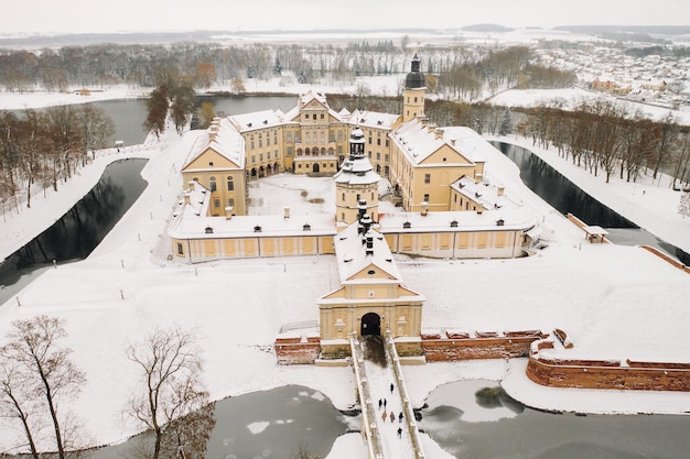 Top view of the nesvizh castle in winter in belarus castles of belarus