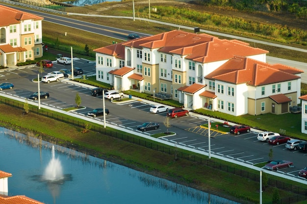 Photo top view of new apartment condos in florida suburban area family housing in quiet neighborhood real estate development in american suburbs