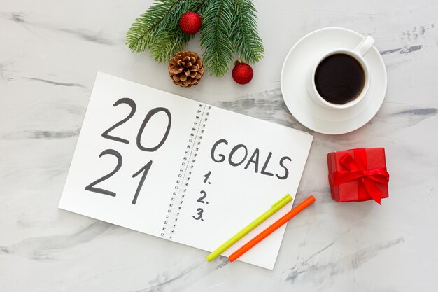 Top view new year goals list on table