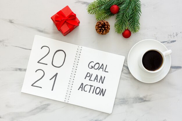 Top view new year goals list on table