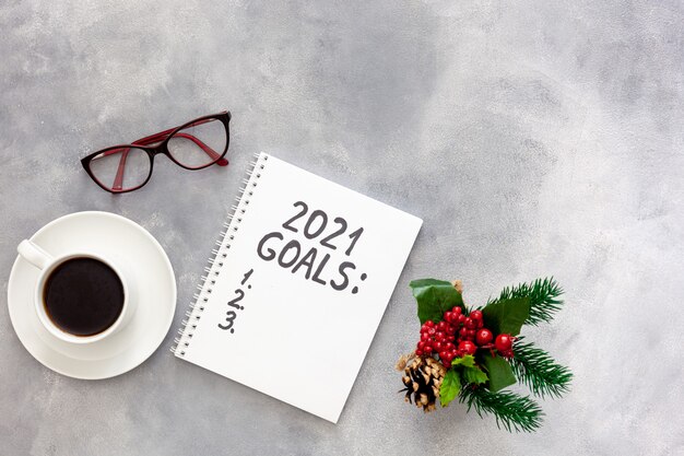 Top view new year goals list on table