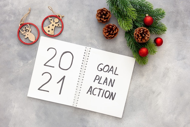 Top view new year goals list on table