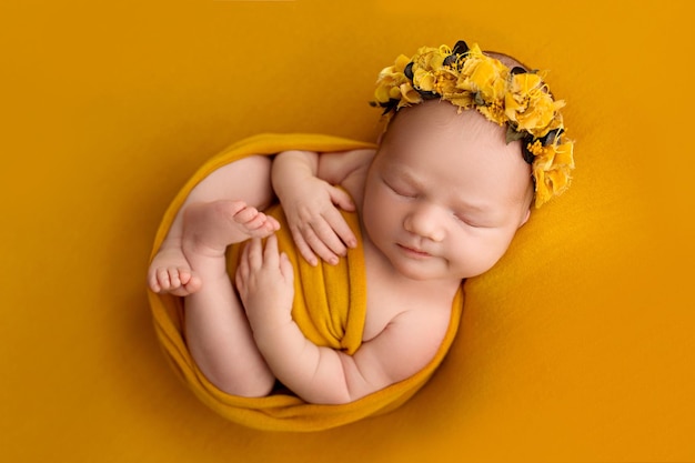 Top view of a newborn baby girl sleeping in an orange winding in an orange bandage on her head on an orange background Beautiful portrait of a small newborn baby 7 days one week old