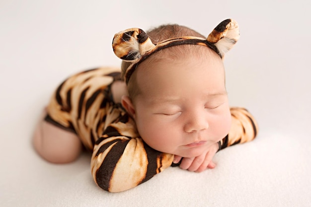 Top view of a newborn baby girl sleeping in a tiger jumpsuit and a tigerearshaped bandage on her head on a white background Little girl 7 days one week The image of a little tiger cub