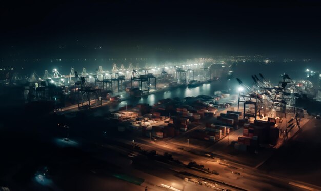 Top view of the night port Maritime logistics and cargo transportation Night city street