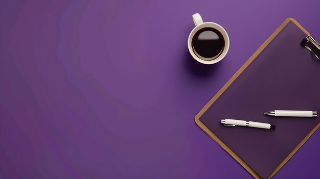 Photo top view notebook clipboard and coffee cup on purple background with copy space generative ai