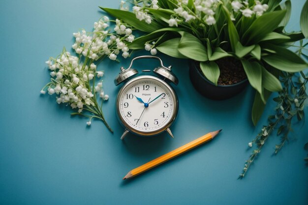 Top view notebook and clock arrangement