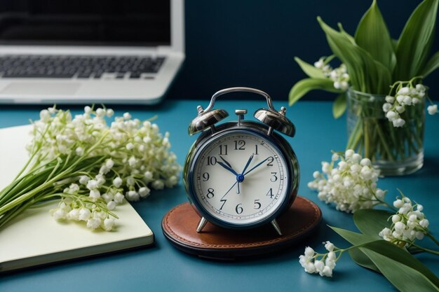 Top view notebook and clock arrangement