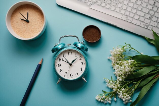 Photo top view notebook and clock arrangement