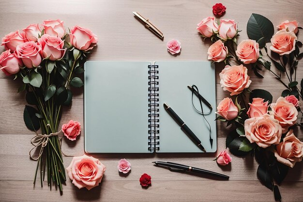 Photo top view of notebook on desk with bouquet of roses and pens