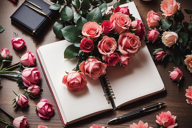Photo top view of notebook on desk with bouquet of roses and pens