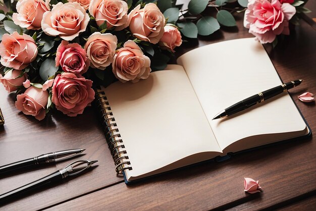 Photo top view of notebook on desk with bouquet of roses and pens