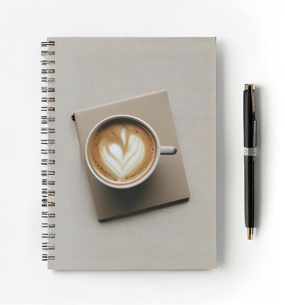 Top view notebook notepad pen and cup of cappuccino coffee