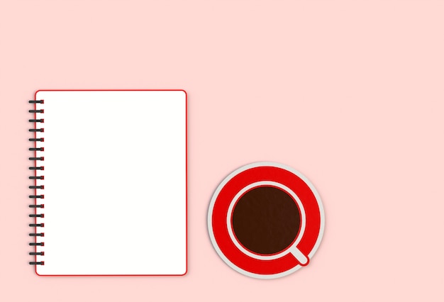 赤い机の上のコーヒーカップとトップビューノート