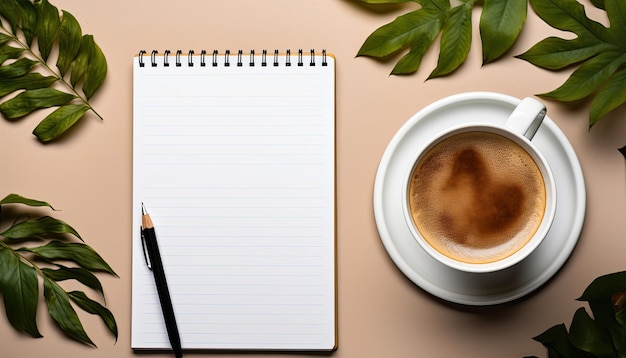 Top View of Notebook with Tea for Relaxed Productivity