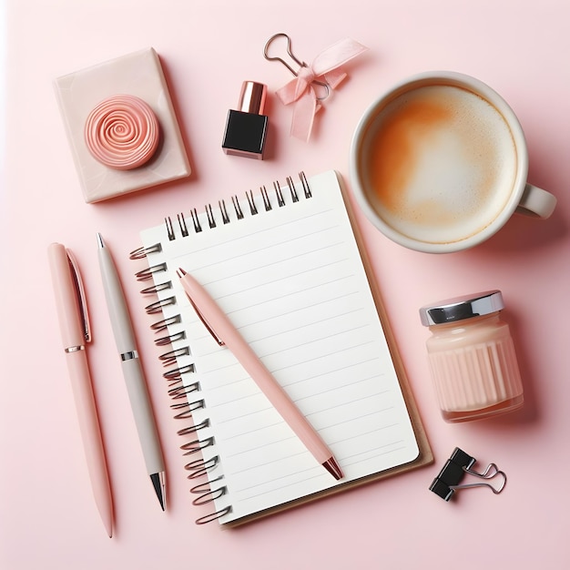 Top view notepad and morning coffee on pink background with copy space