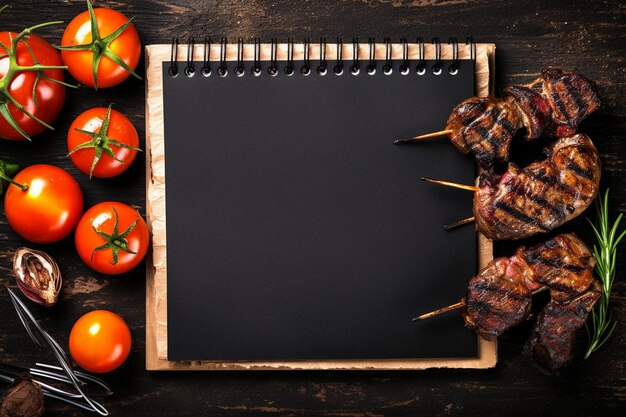 Top view of notepad with delicious kebabs and tomatoes